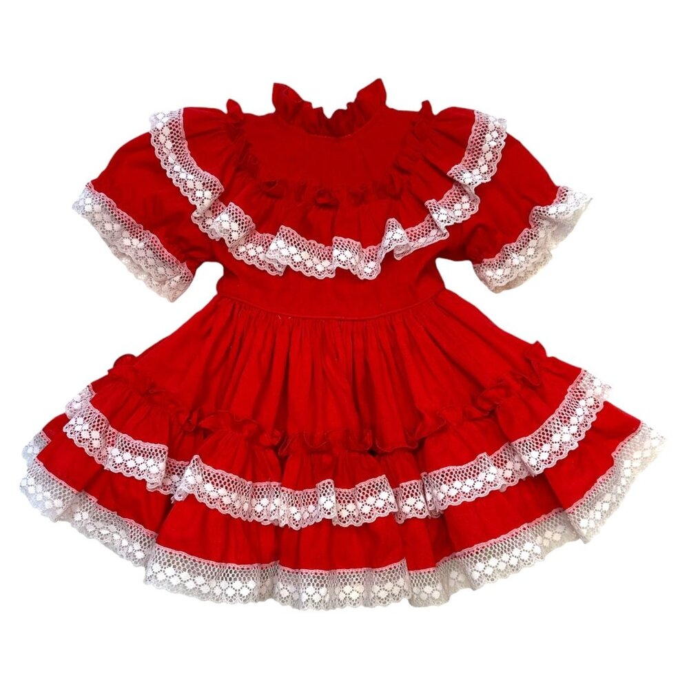 Vintage Red Lace Girls Dress With Ruffles & Bow By Small World Size 1